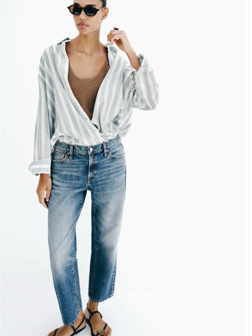 ZARA Striped Linen-Blend Button-Up Shirt in Light Blue & White - Picture 7 of 7